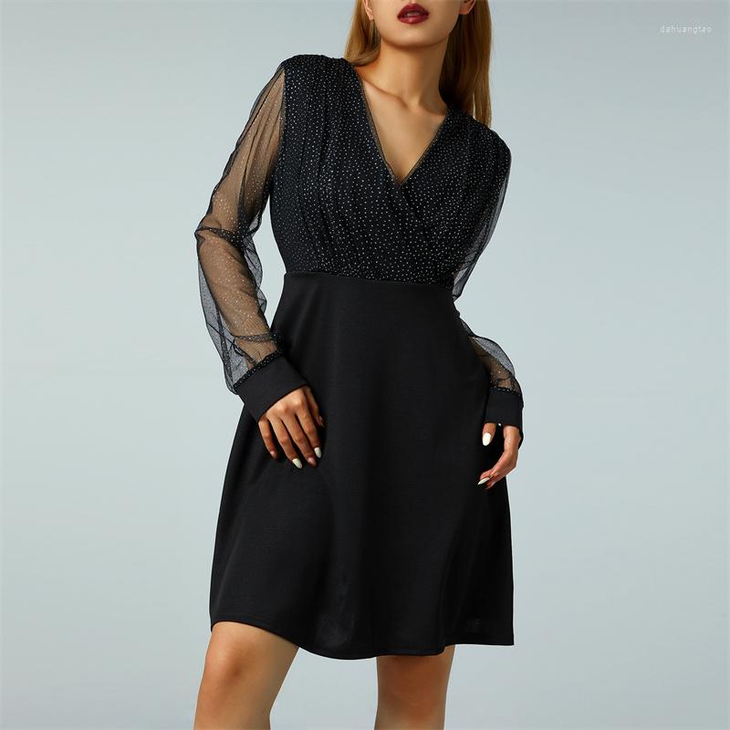 

Casual Dresses 2023 Women Sequin Mesh Patchwork Short Dress Fashion Sexy Sheer Long Sleeve Deep V Neck Hem Thigh