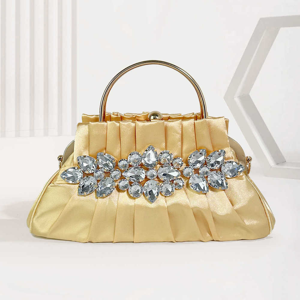

bag for girls High grade imitation silk studded diamond hand celebrities Party pleated dinner 230317, Gold