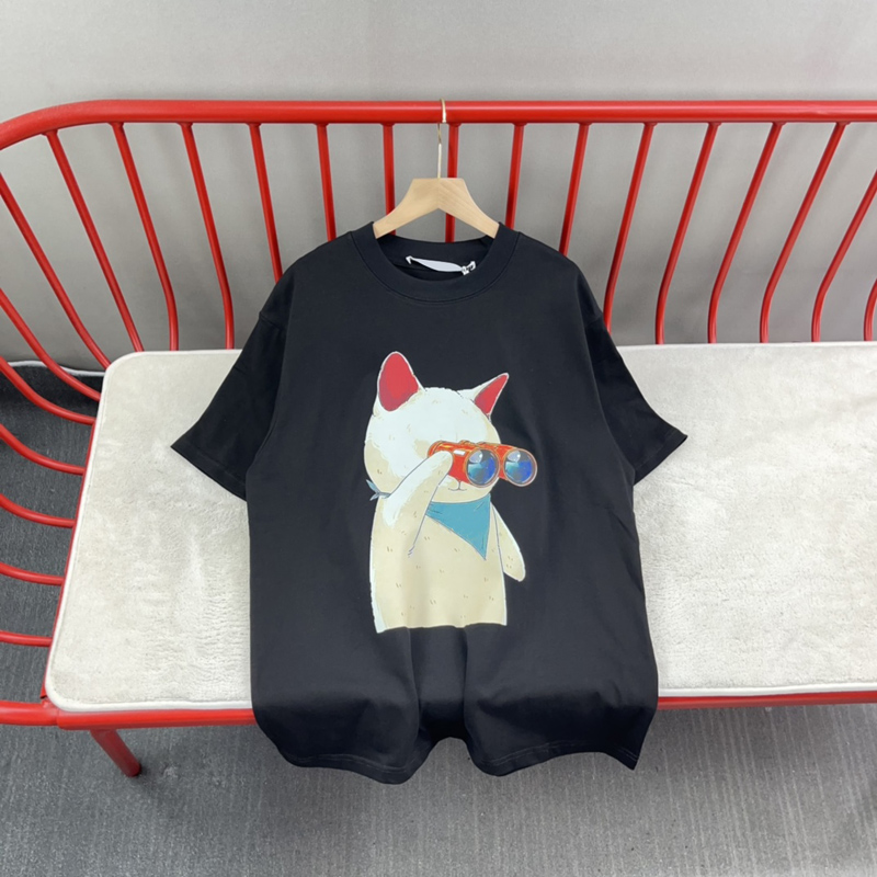 

23ss Summer Telescope Cartoon Cat Tee T shirt Europe Short Sleeve Men Women Casual Cotton Tshirt, White