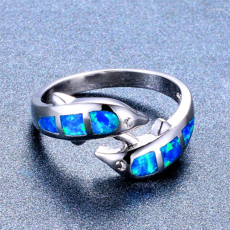 

Wedding Rings Cute Animal Dolphin Engagement Ring Female Luxury Blue Fire Opal Stone Vintage Silver Color For Women Jewelry