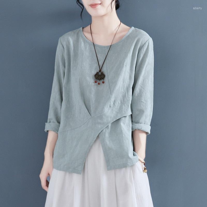 

Ethnic Clothing Chinese Style Women Shirts Cotton Linen Casual Blouses 2023 Spring Loose Vintage Tops Brief Irregular Shirt 31606