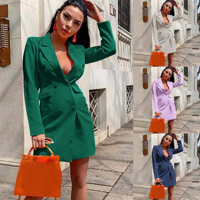 

Casual Dresses Elegant Office Ladies Suit Dress Women Pad Shoulder Ruched Blazer Long Sleeve Pencil Femme Workwear Jackets Vestidos, Dark blue