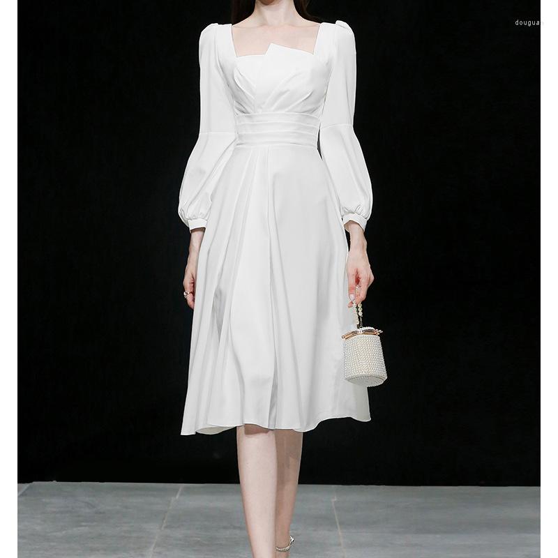 

Casual Dresses Vintage Summer Dress Women 2023 Runway Designers Elegant Lantern Sleeve Pleated Midi White/wine Red Vestidos