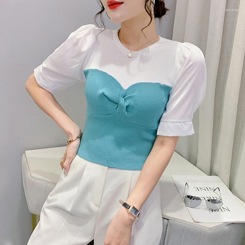 

Women' T Shirts #6772 Summer Shirt Women Sweet O-neck Skinny Tshirt Woman Spliced Chiffon Puff Sleeve Short False Two Piece T-shirt Sexy, Black