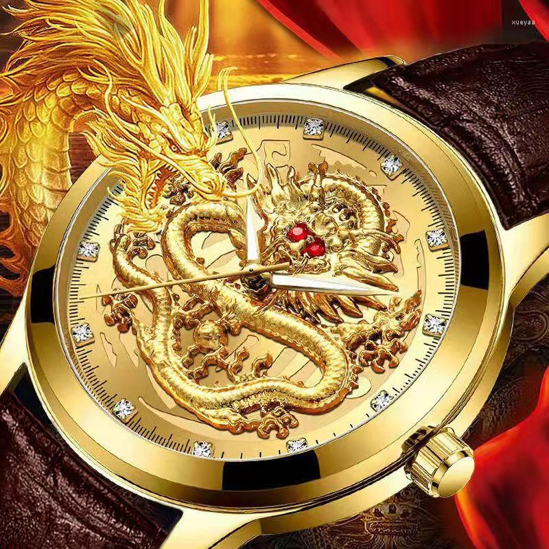 

Wristwatches WOKAI High Quality Men's Leisure Belt Quartz Watch Luminous Waterproof Commercial Clock Golden Dragon Chinese Style