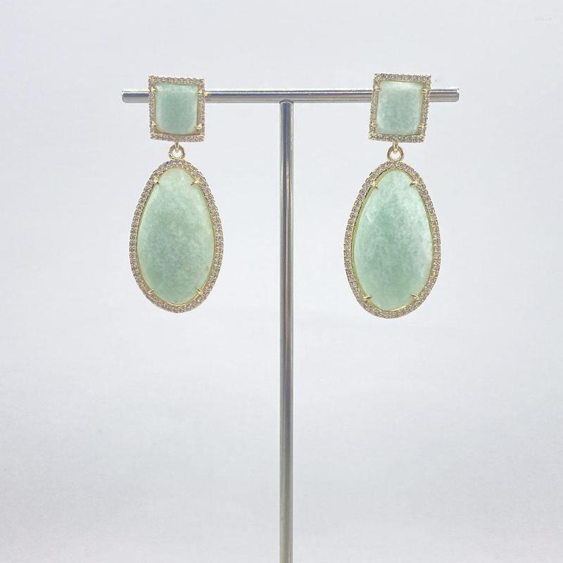 

Dangle Earrings Natural Faceted Amazonite Green Jades Druzy 18K Gold Color Plated CZ Stud For Women