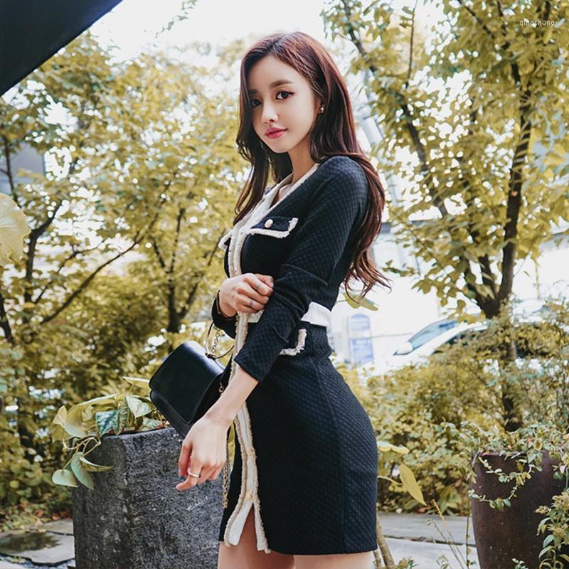 

Casual Dresses Sexy V Neck Mini Wrap Dress Women Long Sleeve Office Lady Slim Fit Spliced Tassel Buttons Bodycon Party Pencil, Black
