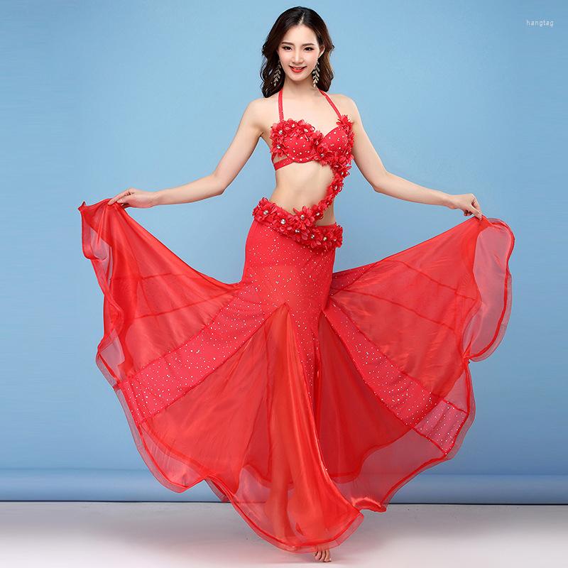 

Stage Wear Red Women Dance Oriental Style Flowers Maxi Skirts Sequins Belly Costume 4pcs Set (Bra Belt Skirt & Sleeves), Picture shown