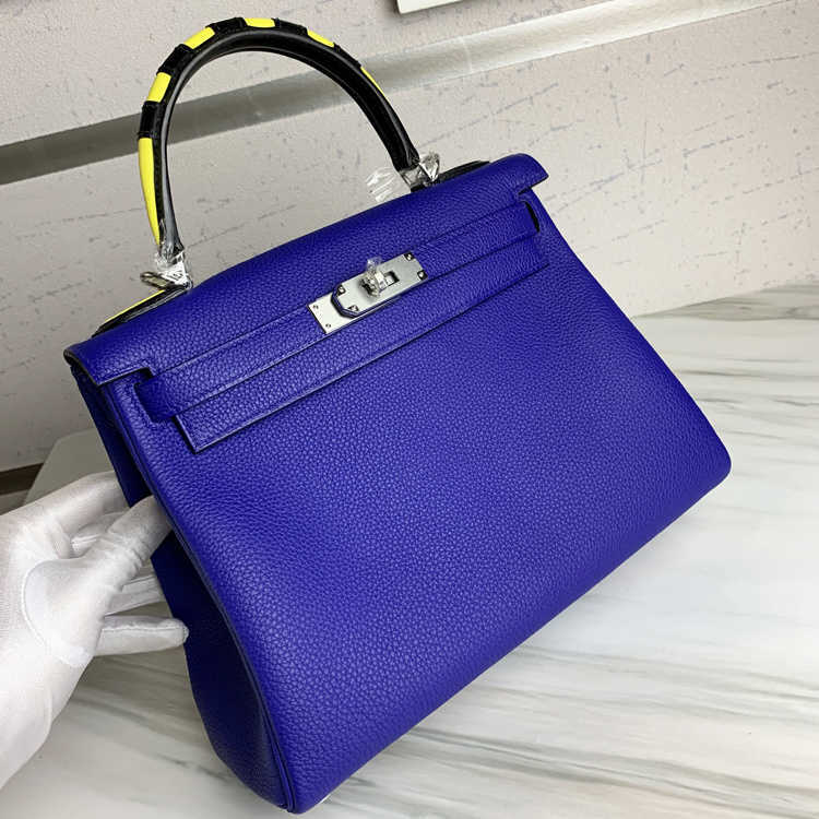

Designer bags Herms Kelys handbags Cowhide bee handle bag 28H version blue hand wax, Sky blue