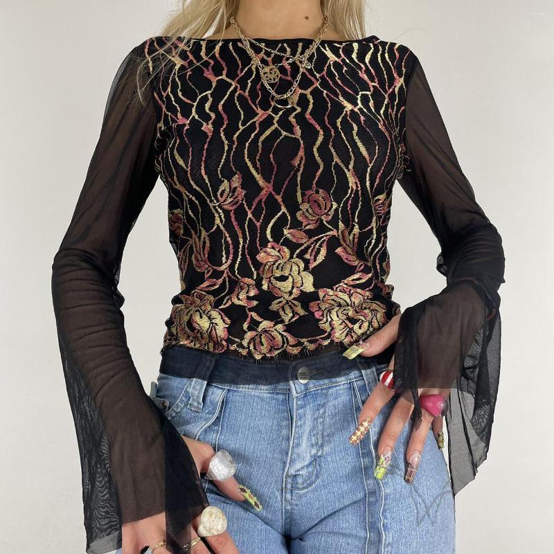 

Women' T Shirts Women' Stylish Backless T-Shirts Mesh Flared Sleeve Flower Embroidery Patchwork Fitting Wild Casual Back See Though, Black