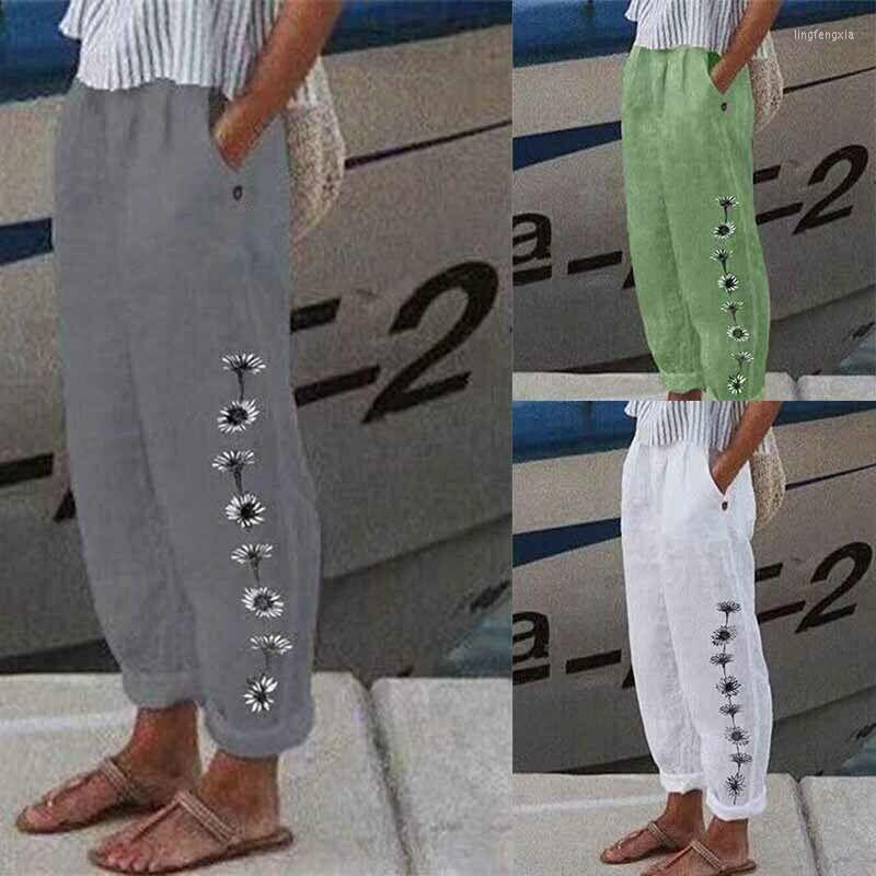 

Women's Pants Fashion Casual Wide Leg Ladies Cotton Linen Elastic Waist Summer Loose Floral Harem Female Trouser, Grey-xxl