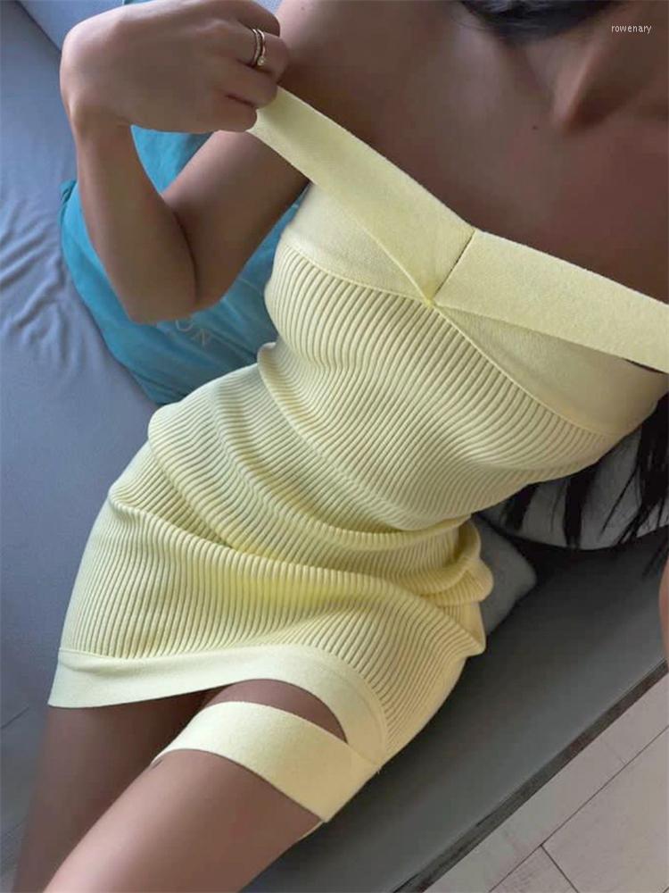 

Casual Dresses Tossy Off Shoulder Knit Dress For Women Halter Bandage Knitted Slim Bodycon Knitwear Sundress Beach Party Mini, Black