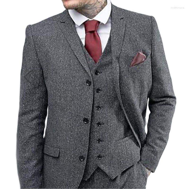 

Men's Suits Grey Woolen Tweed Men For Wedding Custom Casual Groom Tuxedos Winter Male Fashion Clothes 3 Piece Jacket With Pants, Gray