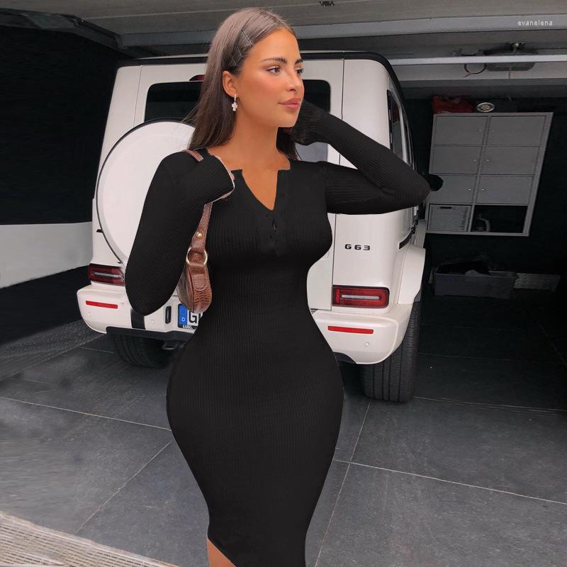 

Casual Dresses Knit Ribbed Dress Long Sleeve Hip Waist Women' Skirt Bodycon Party V-neck Slim Mini, Black
