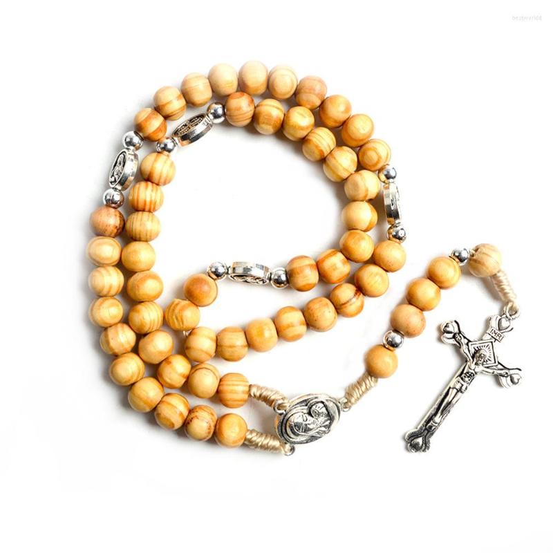 

Pendant Necklaces KOMi DIY Hand-woven Solid Wood Catholic Rosary Alloy Virgin Mary Triangle Religious Prayer Jewelry Gifts Collana R-370