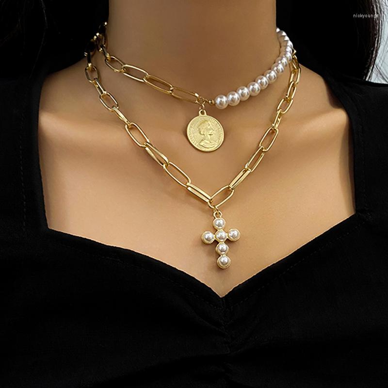 

Chains Fashion Coin Cross Pearl Necklaces Multi-layers Resin Necklace For Women Bohemian Long Chain Choker Trendy 2023 Jewelry