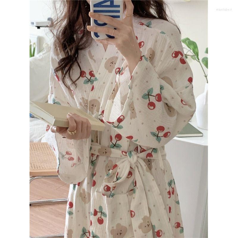 

Women's Sleepwear Casual Women Spring Autumn Loose Crape Cotton Robe Lace-up Bathrobe Sweet Kimono Female Cherry Bear Printed Dressing Gown, 001