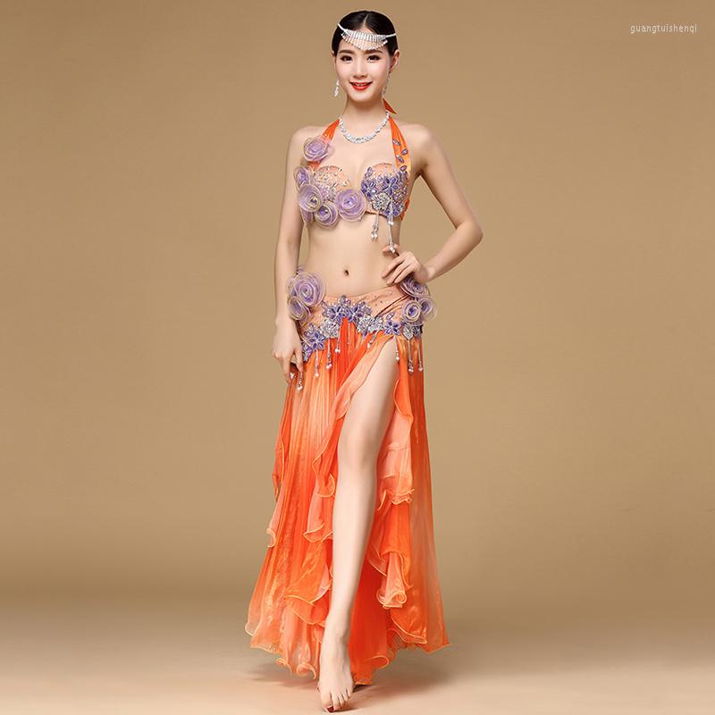 

Stage Wear Women Dancewear Performance Egyptian Bellydance Clothes Outfit C/D Cup Maxi Skirt Orange Belly Dance Costume Set 2pcs