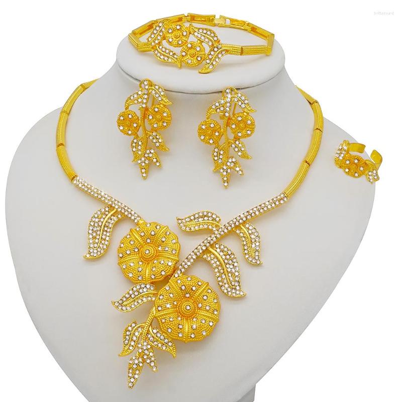 

Necklace Earrings Set 2023 Gold Dubai African Bridal Flowers Gifts Wedding Party, Picture shown