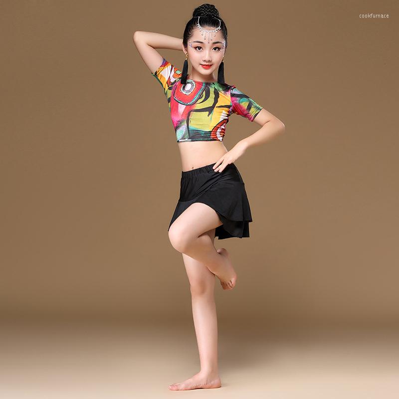 

Stage Wear 4-12 Years Children Dance Girls Fringe Skirts Ballroom Costume Latin Outfit For Kids 2 Pieces Set Top Skirt, Black flower