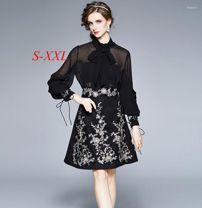 

Work Dresses 2023 Runway Spring 2 Piece Set Women Sexy See Though Chiffon Bowknot Shirt Luxury Beaded Flower Embroidery A Line Skirt Suits, Black
