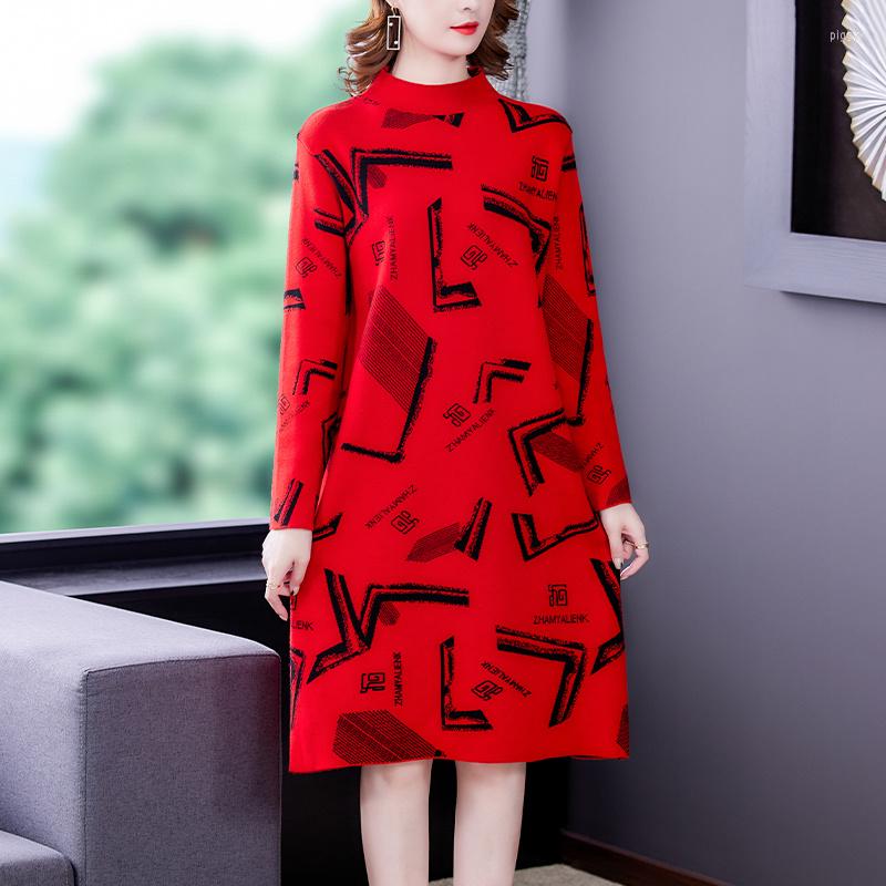 

Casual Dresses Female Knitted Autumn Winter Long Sleeve Half Turtleneck Sweater Women Office Lady Mid Dress, Blue