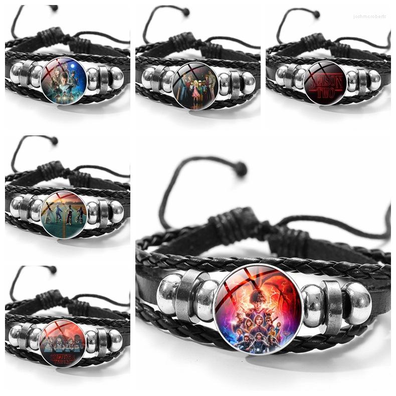 

Charm Bracelets 12pcs Stranger Things TV Series Leather Bracelet Cool Black Multilayer Glass Cabochon Snap Button For Girls Boys