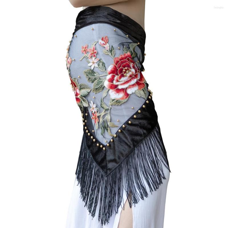 

Stage Wear Embroidery Belly Dance Clothes Velvet Fabric Fringes Triangle Belt Tribal Flowers Hip Scarf Sheer Mesh, Small flower black
