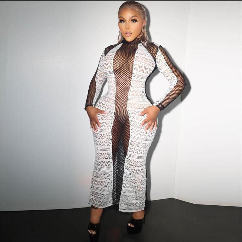 

Casual Dresses 2023 Autumn Patchwork Lace See Through Open Sexy Club Young Full Sleeve Women Skinny High Waist LongPencil Dress, White