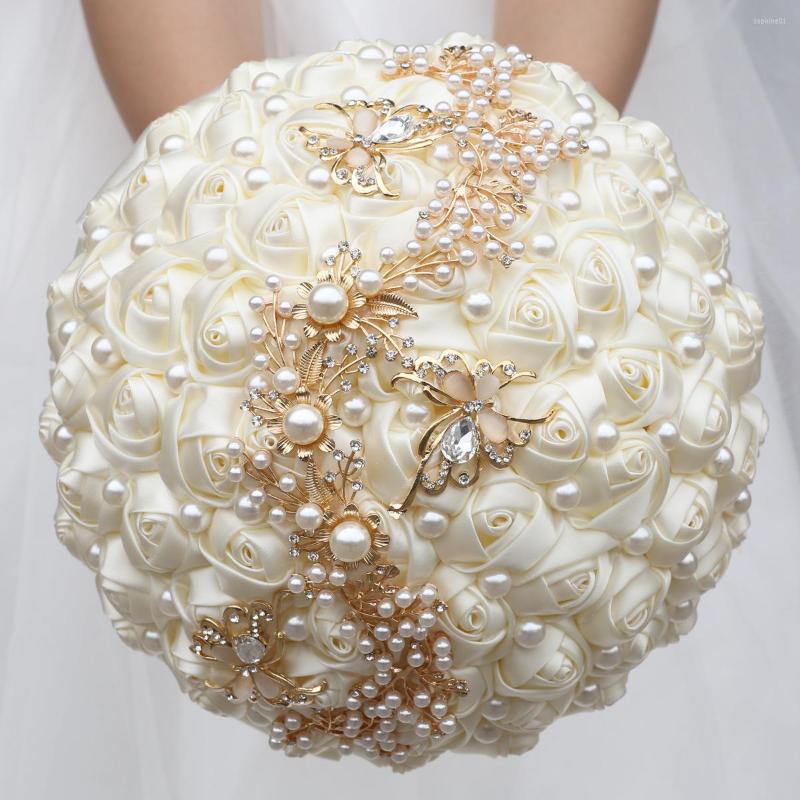 

Wedding Flowers Elegant Ivory Bride Bouquet Pearl Rhinestone Satin Rose Handmade Decoration Bridesmaids Hand Wholesale