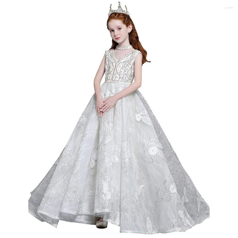 

Girl Dresses Princess Lace V Neck Flower Dress Crystals Children First Communion Ball Gown Wedding Party Runway Show Pageant, Ivory