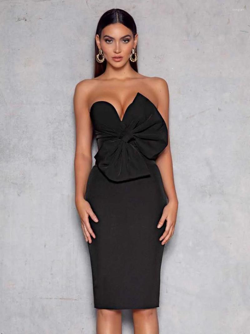 

Casual Dresses Est Women Summer Sexy Strapless Backless Bow Tie Black White Midi Bodycon Bandage Dress 2023 Elegant Evening Party
