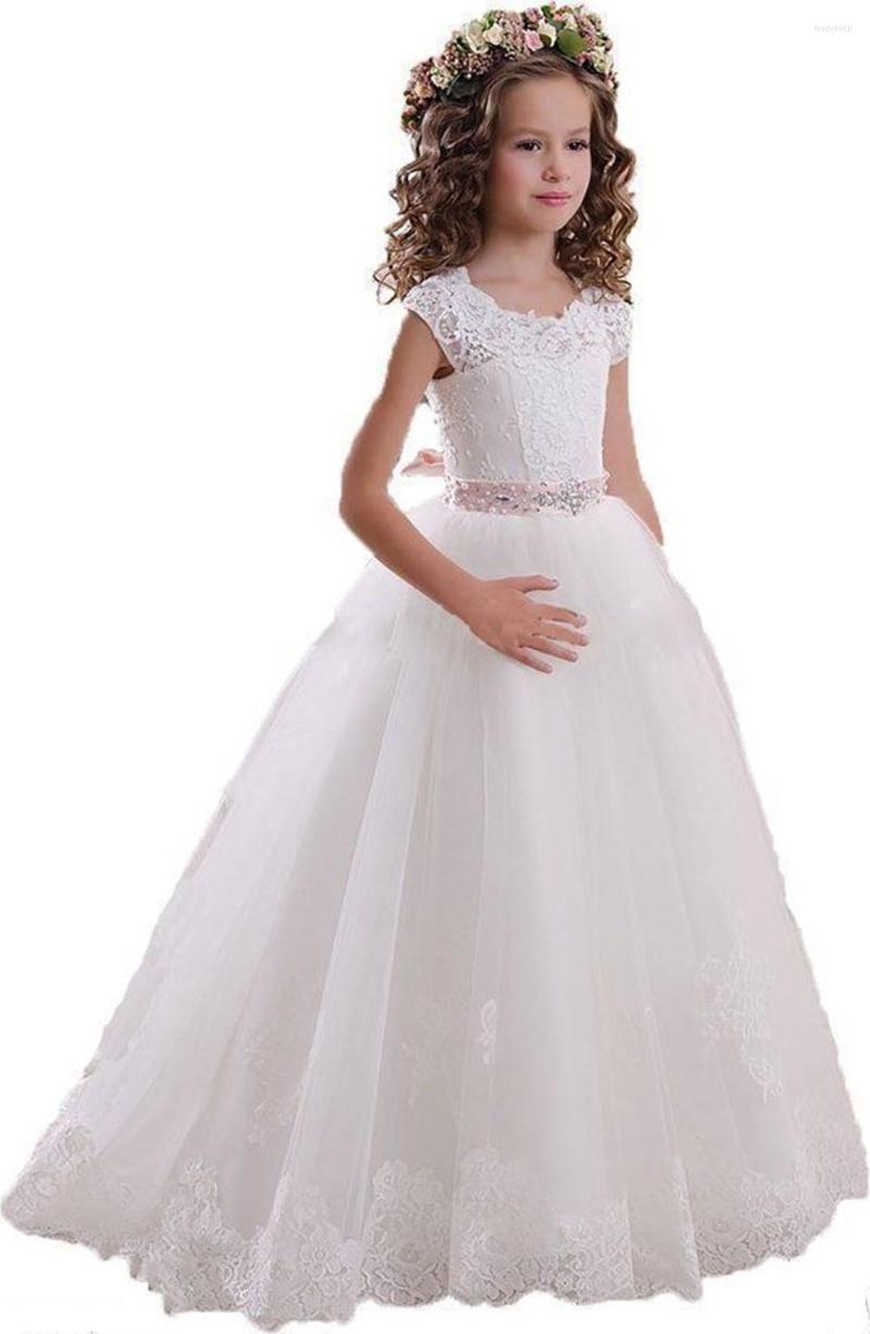 

Girl Dresses Spring Flower Girls For Weddings Vintage Jewel Neck Sash Lace Net Baby Birthday Party Gowns Kids First Communion, White