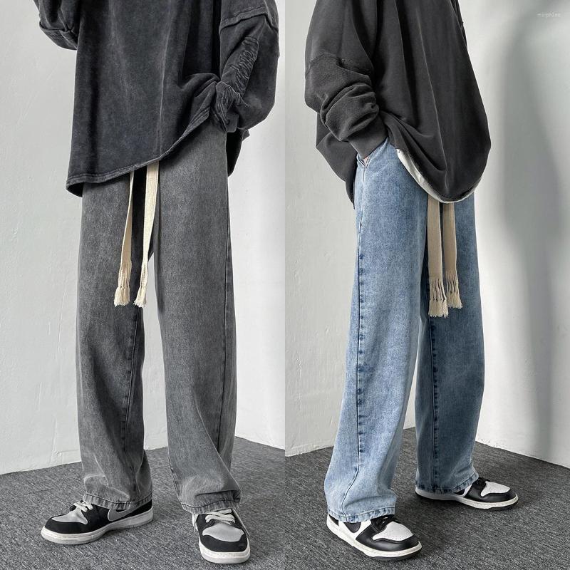

Men' Jeans Korean-style Fashion Braided Rope Belt Mopping Winter Thick Baggy Men Streetwear Straight Wide Leg Pants Male, Blue