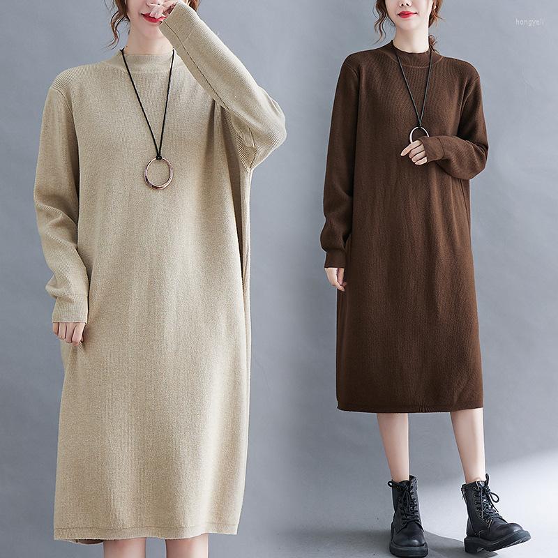 

Casual Dresses 2023 Winter Korean Loose Slim Simple Solid Color Sweater Dress All-match Temperament Women Base, Coffee