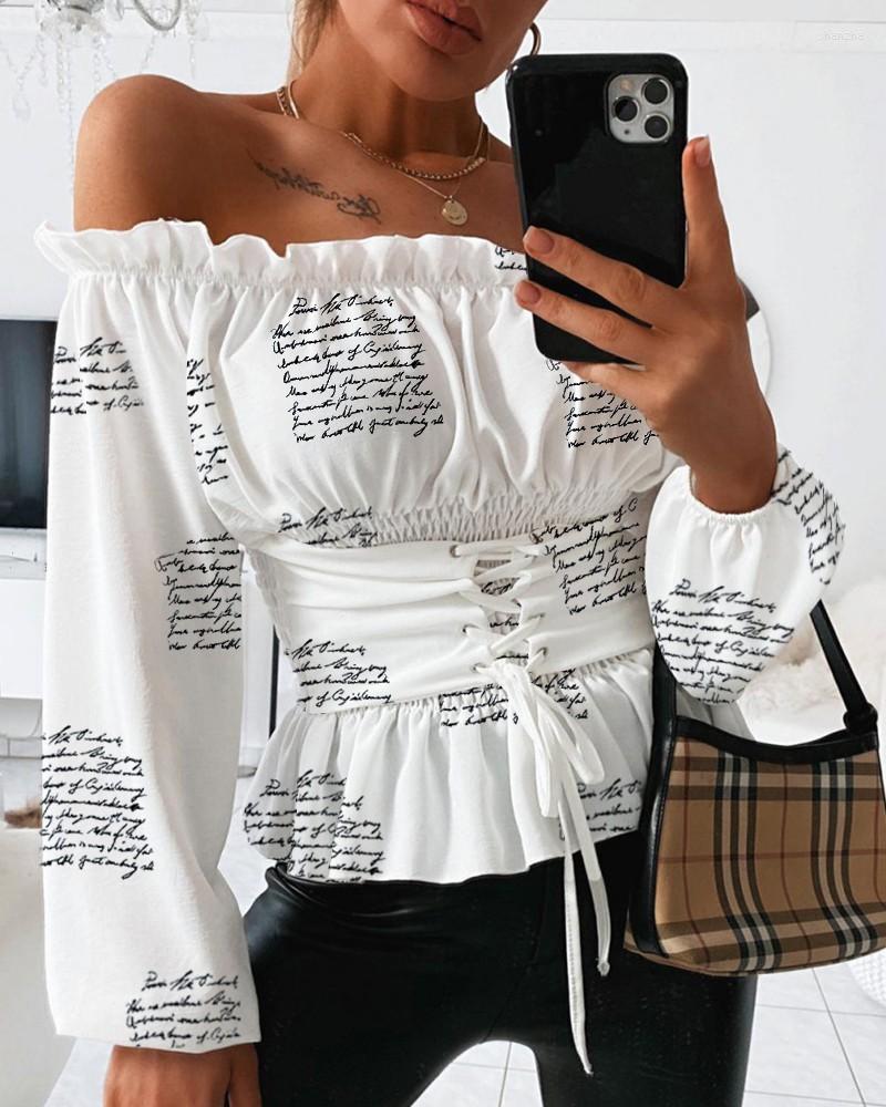 

Women's Blouses Print Blouse Women Slash Neck Slim Waist Casual Tops, Beige
