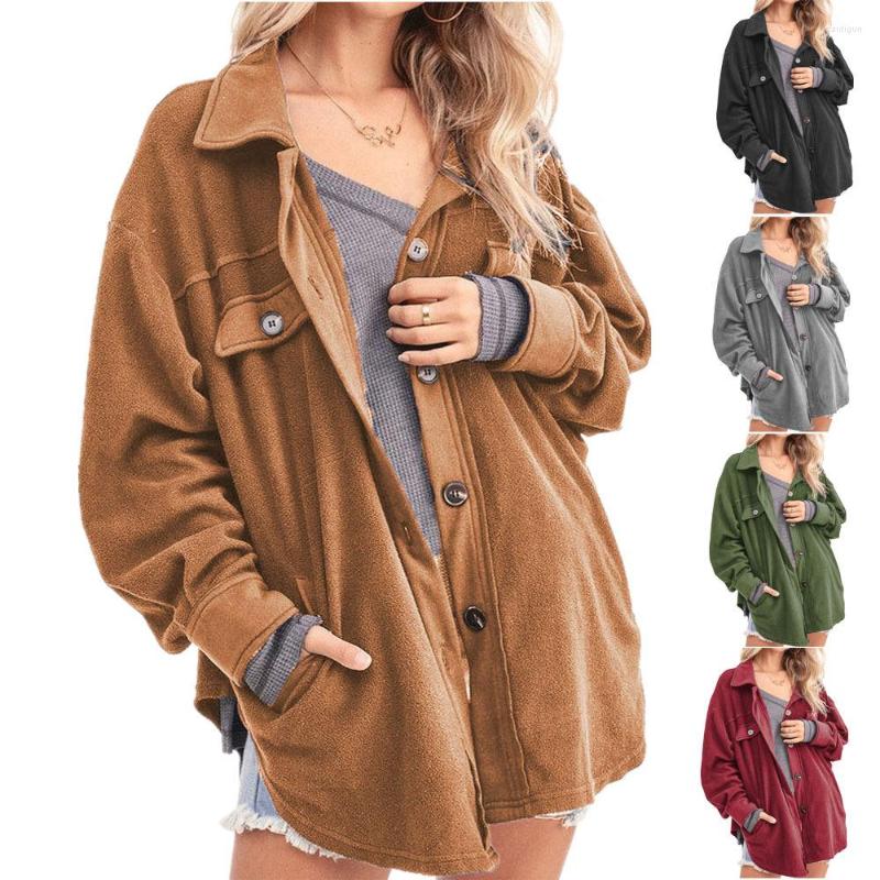 

Women' Blouses Autumn Winter Fashion Jacket Shirts Women Turn-down Collar Single Breasted Solid Fleece Coat Ladies Casual Cardigan, Army green