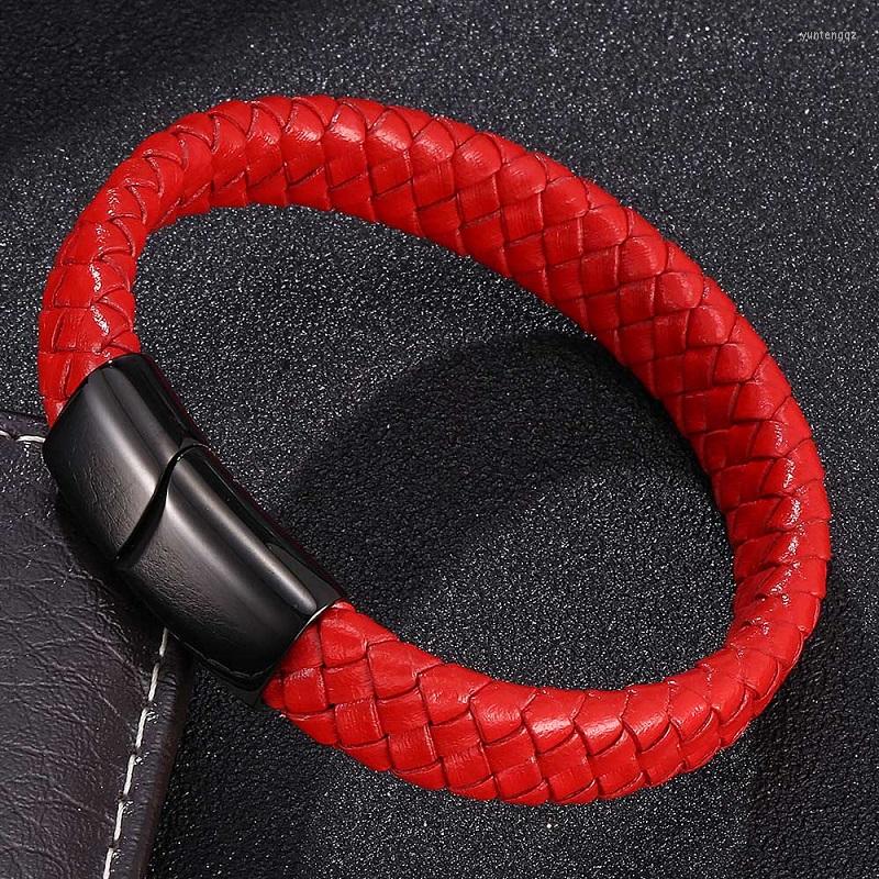 

Charm Bracelets Red Braided Leather Bracelet Men Jewelry Stainless Steel Magnetic Clasp Fashion Bangles Gifts Pulsera Hombre