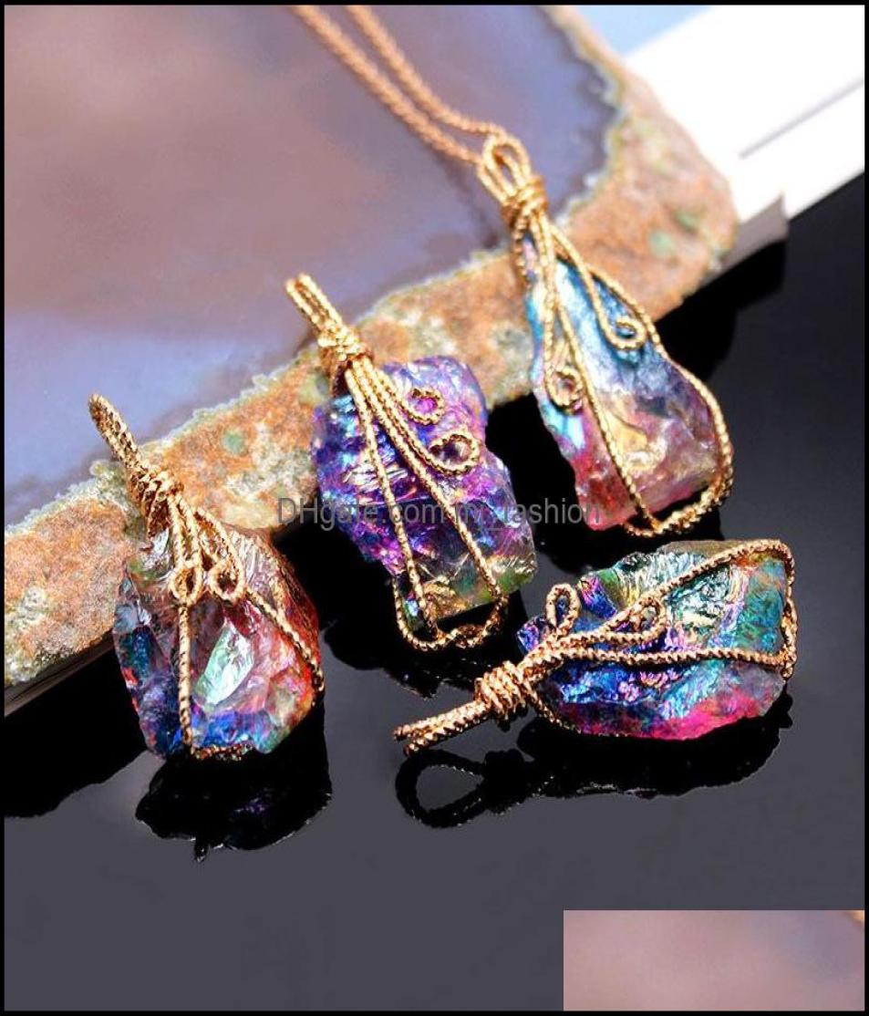 

Pendant Necklaces Wire Wrapped Chakra Colorf Electroplated Stone Quartz Pendant Healing Crystal Energy Necklaces Fashion Dh25861784