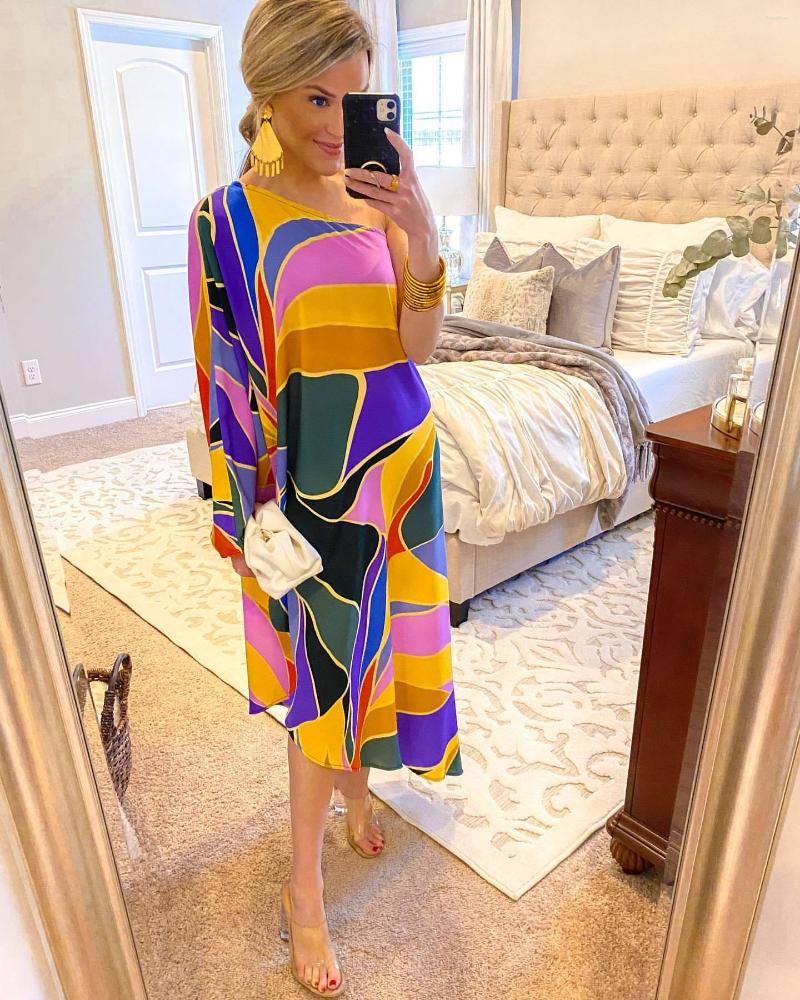 

Casual Dresses 2023 Spring Latest Style Young Chiffon Holiday Full Sleeve One Off Shoulder Free Nature Women Long Loose Dress, Blue