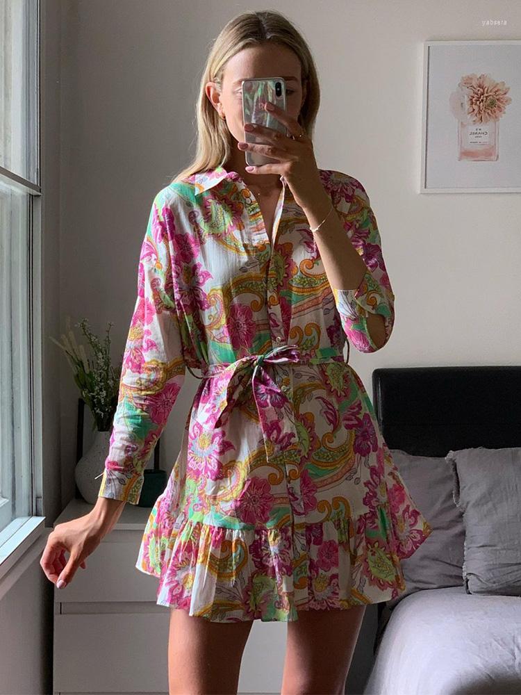 

Casual Dresses Vacation Boho For Women 2023 Vintage Paisley Print Mini Dress Bohemian Ruffle Hem Long Sleeve Shirt With Belt, Pink