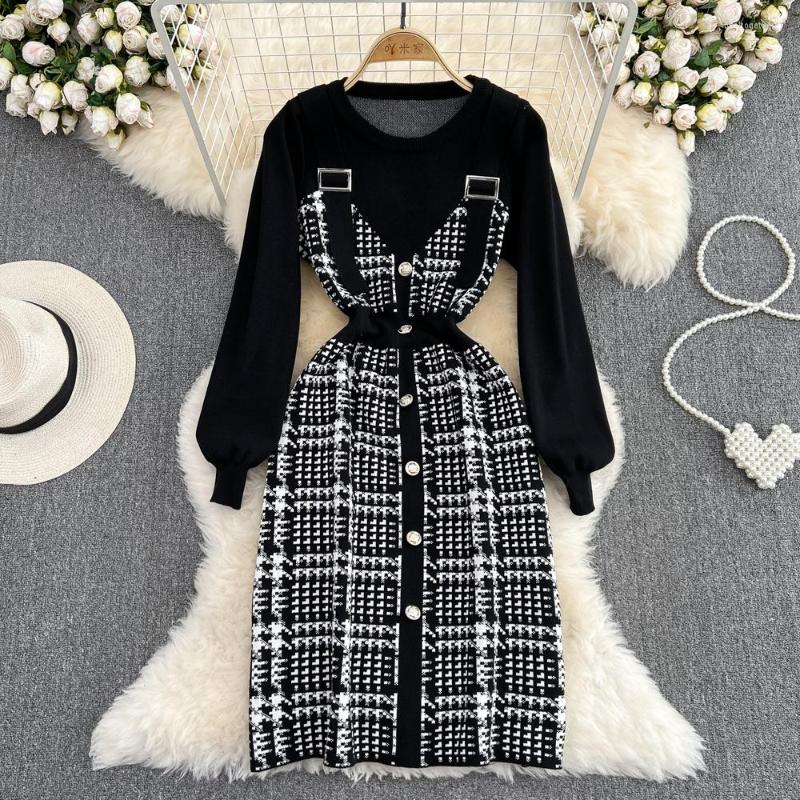 

Casual Dresses Autumn Elegant Vintage For Women Fake 2pcs Plaid Spliced Long Sleeve Button Femme Vestido Korean Fashion A-Line Dress, Black