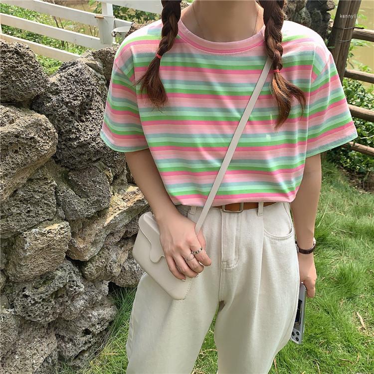 

Women's T Shirts Summer Style Korean Loose Rainbow Stripe O Neck Short Section Sleeve T-shirt, Orange gray