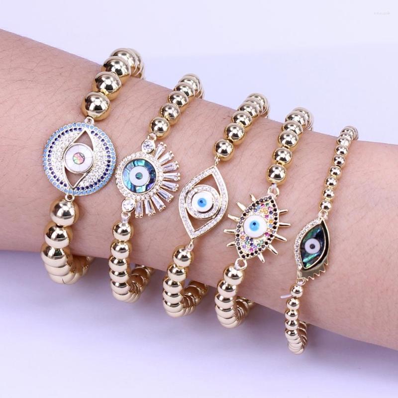 

Charm Bracelets 5 Strands Gold Color Lucky Eye Brass Ball Stretchable Elastic Micro Pave CZ Turkish Evil Beaded Bracelet