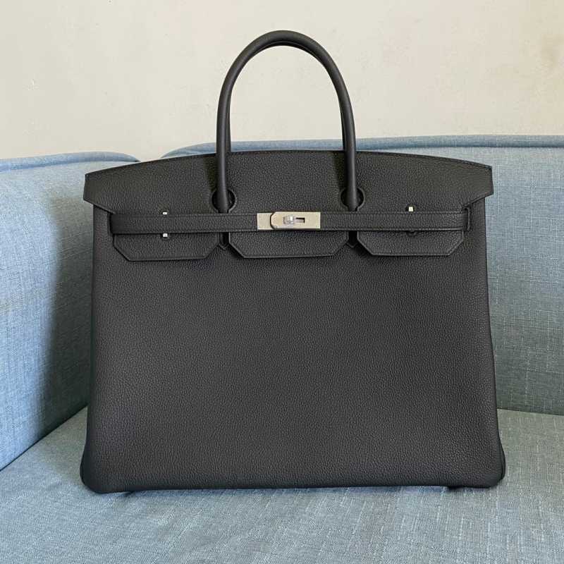 

h ermers birkin bags Handmade wax thread sewing large bag 40cm black silver button Togo skin litchi pattern high-end portable women's bag, 40cm black silver buckle