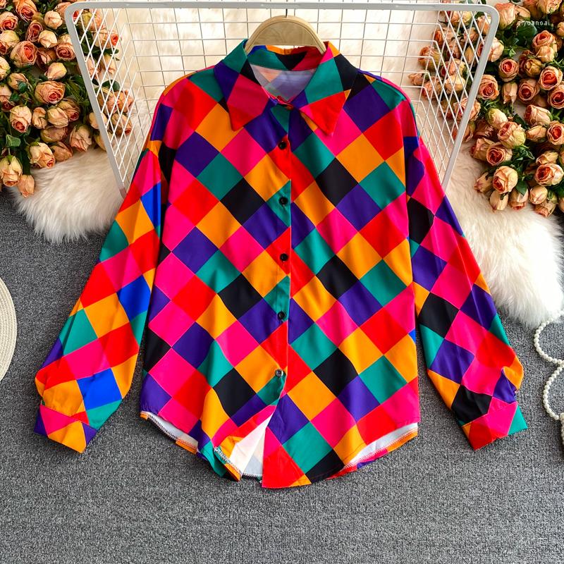 

Women's Blouses Colorblock Plaid Loose Shirts Female Long Sleeve Rainbow Women Shirt Casual Blouse Beach Style Blusas Mujer Top Drop