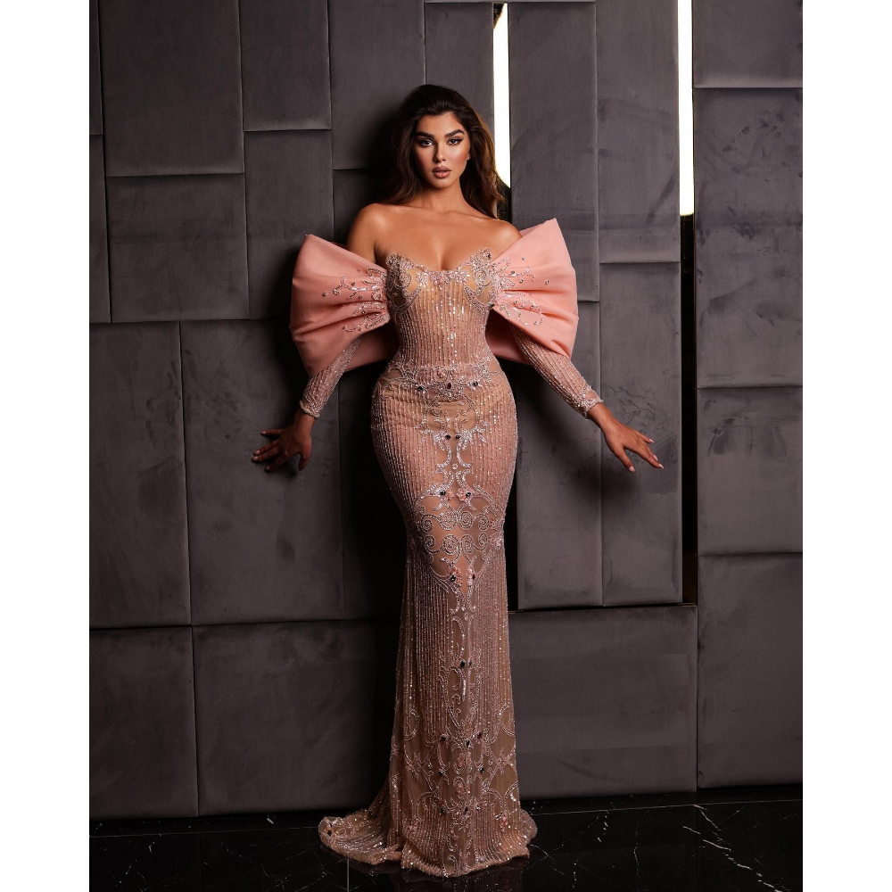 

NEW Shiny Sequins Beads Prom Dresses Elegant Pink Mermaid Evening Dress Custom Made Long Sleeves Glitter Women Celebrity Party Gown GB1006, Yellow