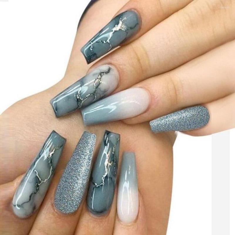 

False Nails Long Coffin Shape Marble Gradient Glitter Press On, Picture shown