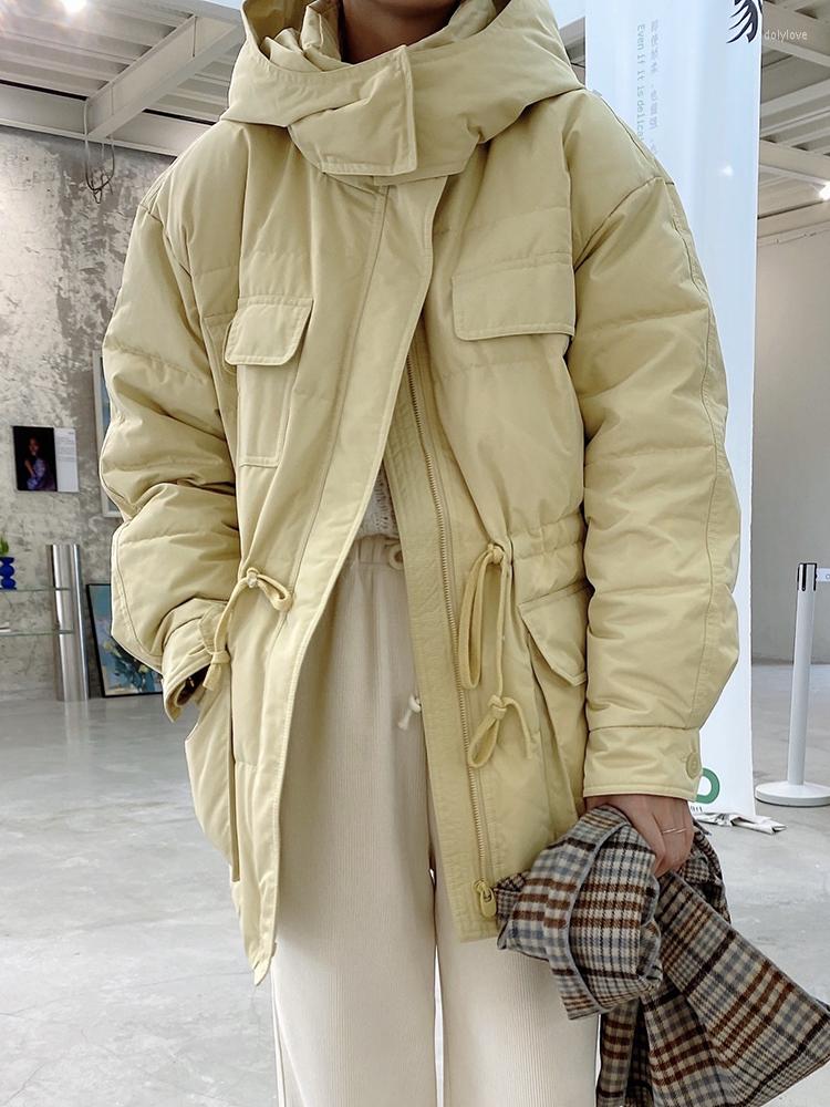 

Women's Trench Coats 2023 Streetwear Safari Style Big Pockets Thick Warm White Duck Down Padded Winter Hooded Jackets Women Parkas Slim, Yellow
