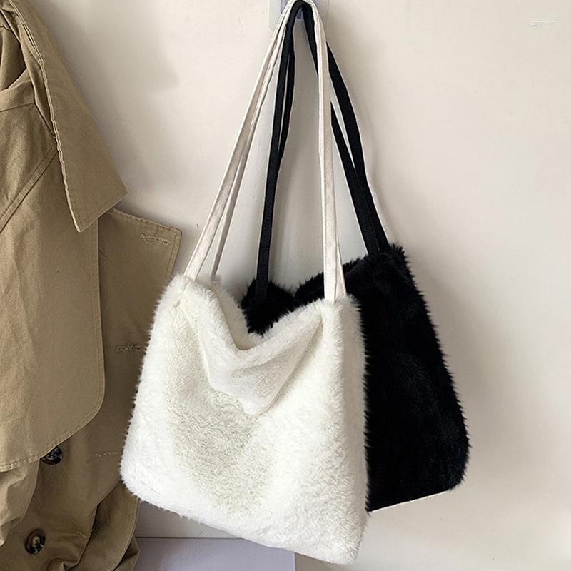 

Evening Bags Women's Shopper Bag Plush Tote Shoulder For Women 2023 Fluffy Female Handbag Fur Ladies Hand Shoppers Black Sac A Main, White